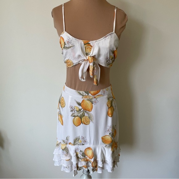 For Love & Lemons Limonada Yellow White Citrus Ruffle Skirt Top Set EUC Size S/M - Picture 3 of 12